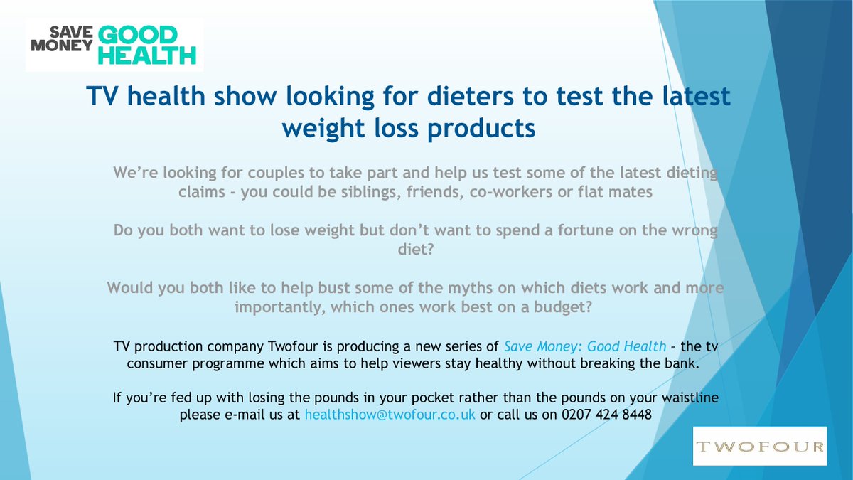 DarylCasting's tweet photo. @TotallyClapham Pls RT-Do you &amp; a friend want to test the latest weight-loss products? TV health show wants to hear from pairs in South LDN! https://t.co/tKgwBbvyqD