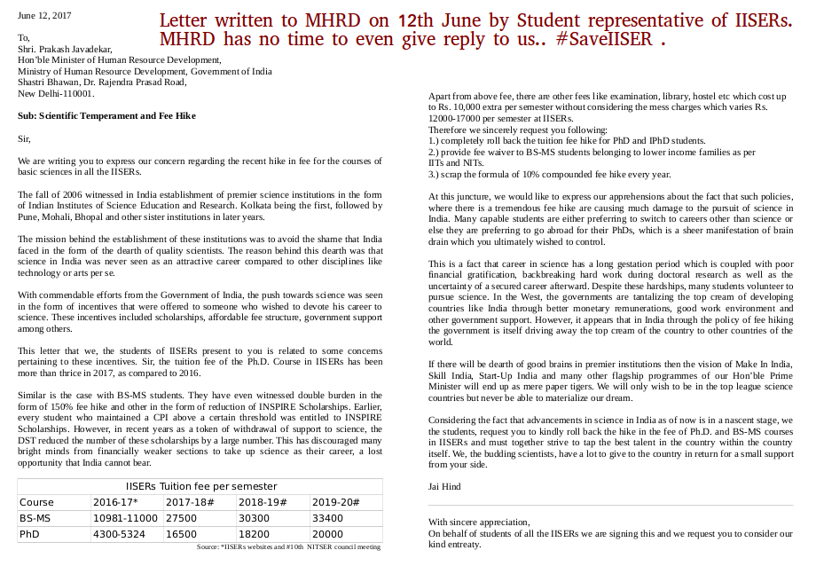serioussachin's tweet photo. #SaveIISER @HRDMinistry silent on massive 150-275% fee hike @GaonConnection @neeleshmisra @RajatSharmaLive @BDUTT @sardesairajdeep https://t.co/zEA5SQjecP