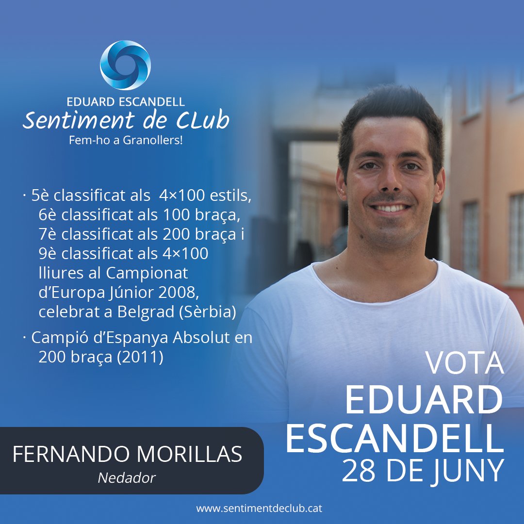 Sentimentdeclub's tweet photo. FERNANDO MORILLAS. Nedador. Dona suport a Sentiment de Club. VOTA EDUARD ESCANDELL #sentimentdeclub #femhoagranollers #cngranollers #cng https://t.co/aahHeJZDSN