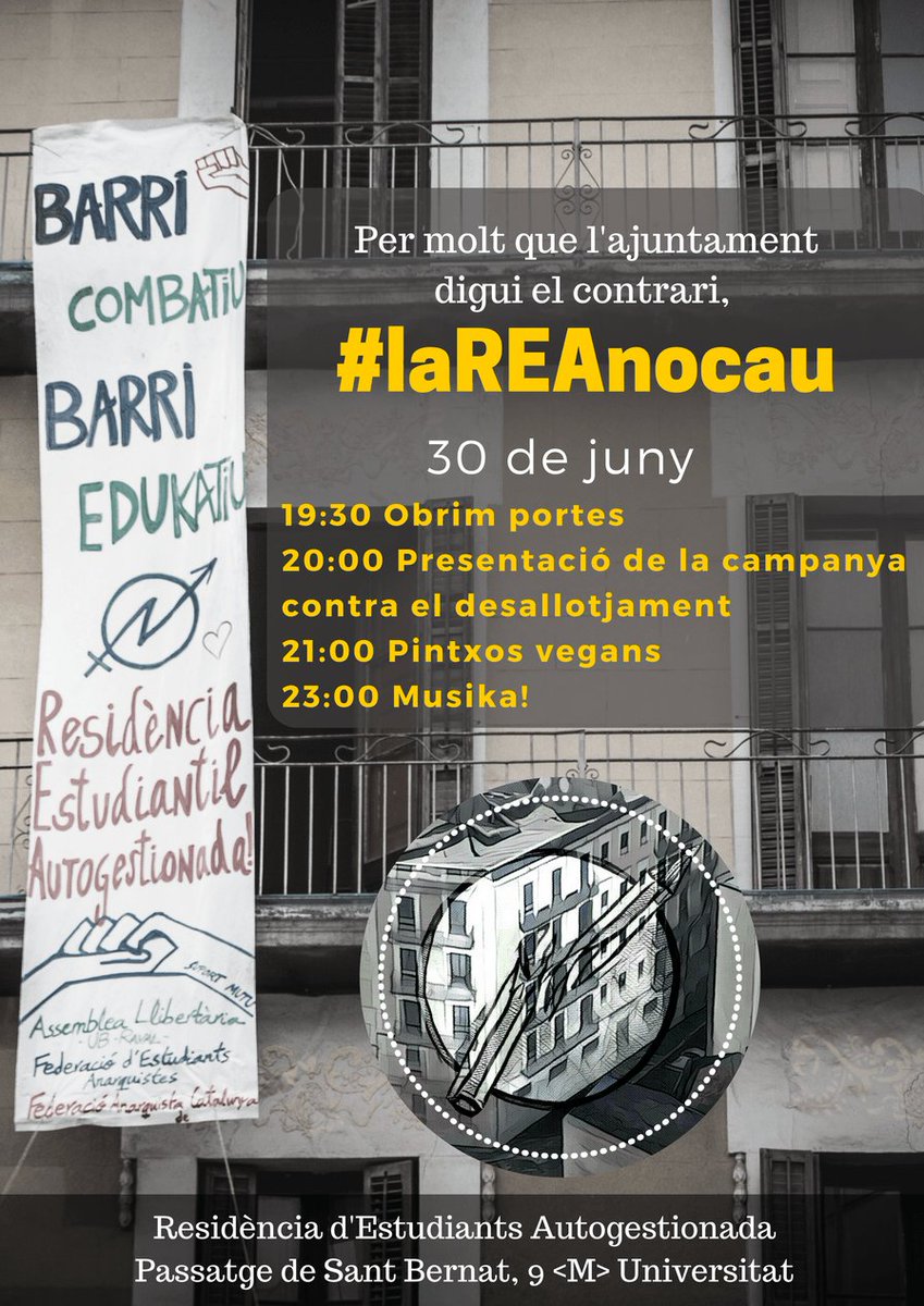 la_REA_'s tweet photo. @la_REA_ en perill de desallotjament!Aquí manifest+cartell presentació campanya.Atentes a novetats i màxima difusió! https://t.co/aC4WUFnPcN https://t.co/NKcvYTUOoa