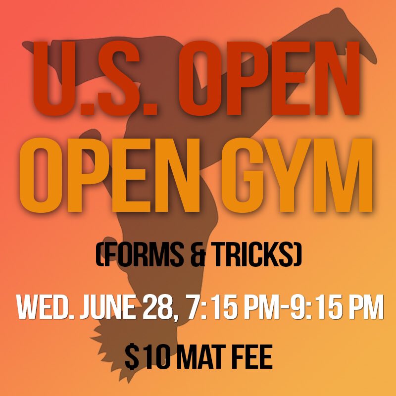 Tomorrow, join us for a special training for the U.S. Open! Spring floors, mats, tumble track and more. #trickers #karate