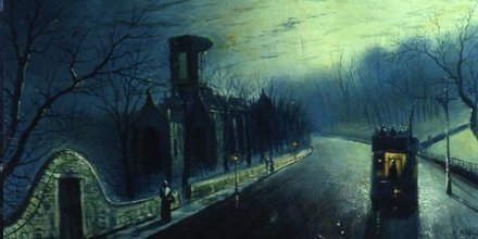 LeedsArtGallery's tweet photo. Kirkstall Abbey and a passing tram, painted between 1880 and 1899. The old turnpike road was replaced by Abbey Road #MyTownTuesday#Leeds https://t.co/krt0axJm0n