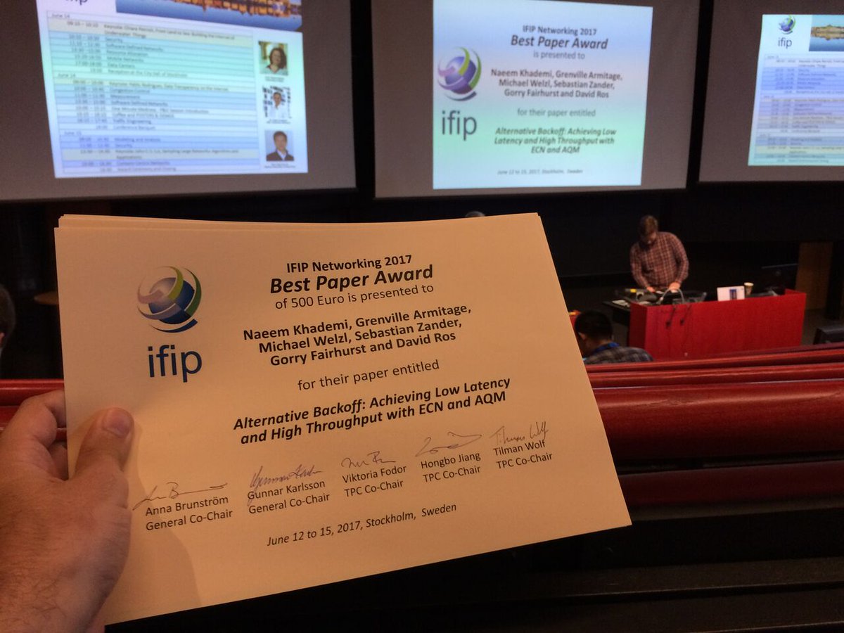 naeemk_'s tweet photo. Our paper "Alternative Backoff: Achieving Low Latency and High Throughput with ECN and AQM" won the Best Paper Award at @Networking_2017 https://t.co/vMzWc8HjbU