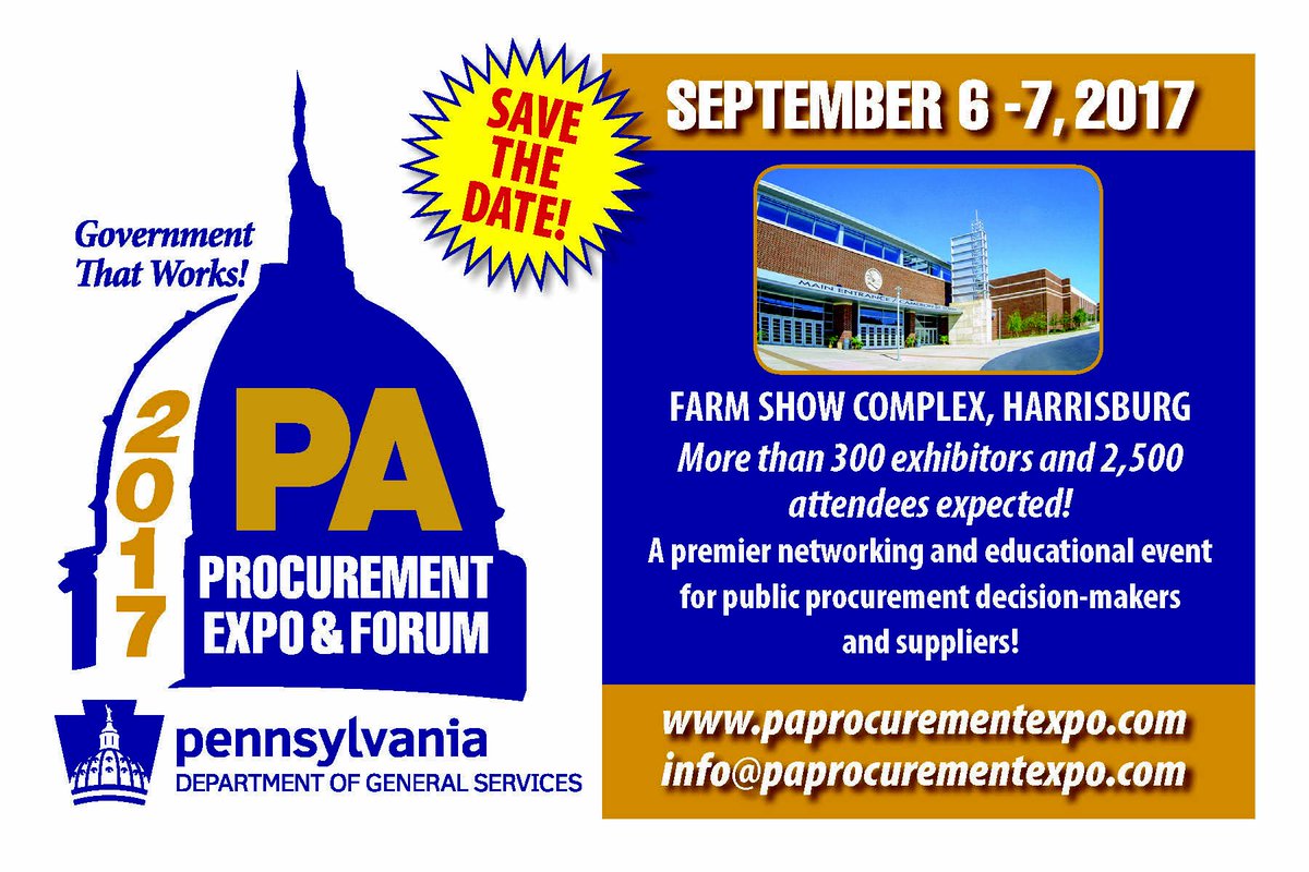 Spread the Word!
PA Procurement Expo &amp; Forum  - Sept. 6 &amp; 7 in Harrisburg, PA
paprocurementexpo.com/media-kit/