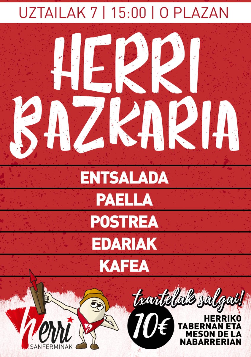 Uztailaren 7an, zatoz Herri Bazkarira!
Txartelak, ekainaren 28tik aurrera, <a href="/HerrikoTaberna/">Herriko Taberna</a>-n eta Meson De La Nabarrerian salgai! #HSFK2017