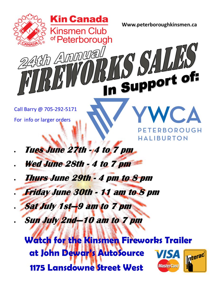 Don't forget <a href="/PtboKinsmen/">Peterborough Kinsmen</a>  will be selling fireworks in support of YWCA just in time for <a href="/ptbo150/">Celebrate Canada 150</a>  starting today <a href="/AutosourcePtbo/">JohnDewarsAutosource</a>