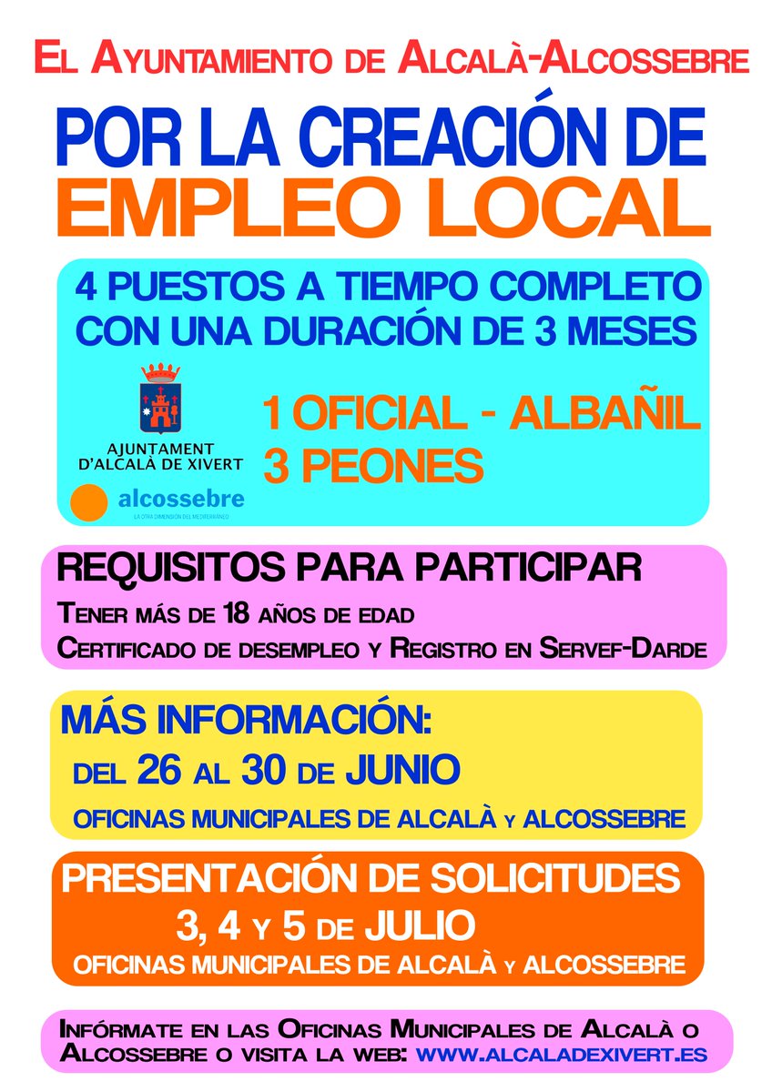 AlcAjuntament's tweet photo. #PlanEmpleoLocal #PlaOcupacióLocal @AlcAjuntament 
Sol·licituds: 3, 4 i 5 de juliol
Creació llocs treball https://t.co/b9iyFZovqz