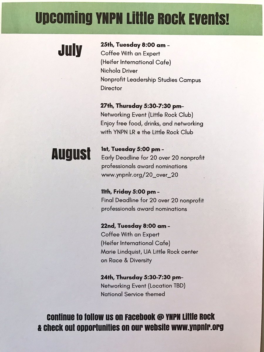 ynpnLR's tweet photo. Upcoming @ynpnLR Events:
jul25 - CWE
jul27 - Networking at LR Club
aug11 - #YNPN2020 Noms
aug22 - CWE
aug25 - Service &amp; Networking https://t.co/dl3KSsVkyP