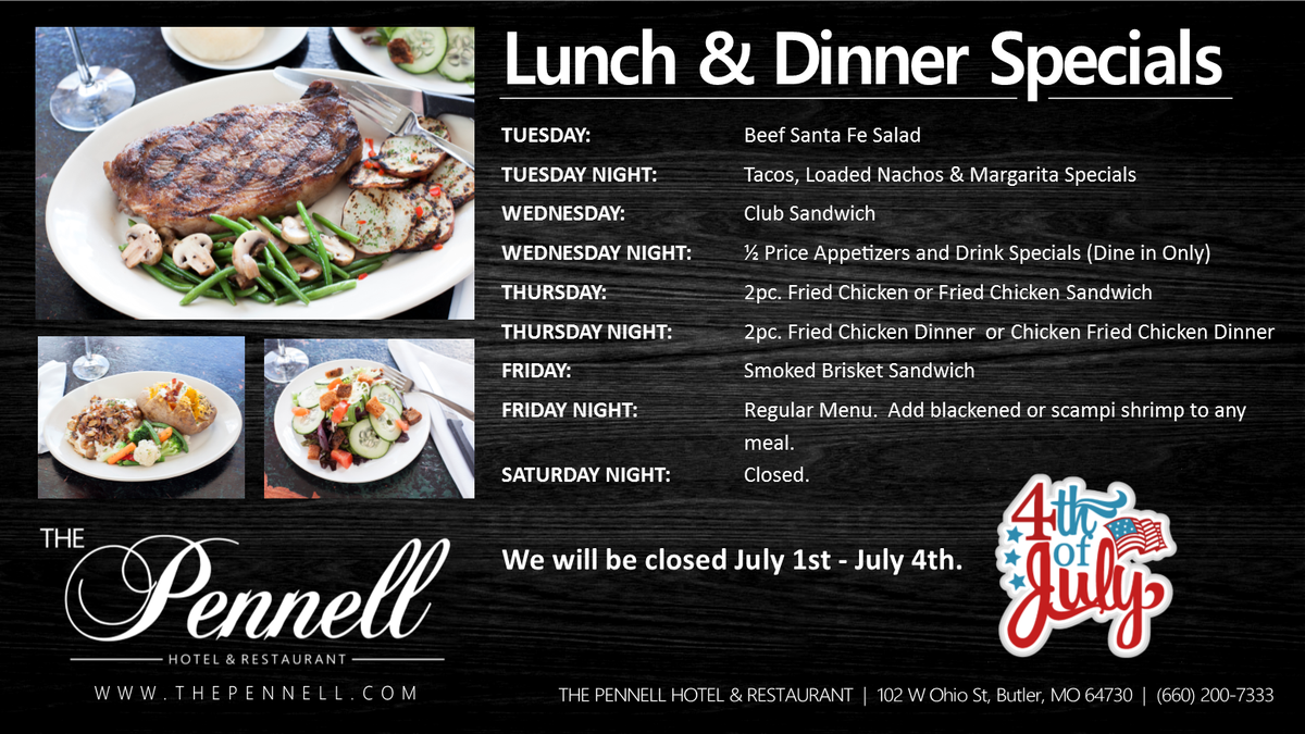 Thepennell's tweet photo. Check out this week's lunch and dinner specials!
#ThePennell #KC #KansasCity #TheBestFoodInButler #Butler #Harrisonville #Raymore https://t.co/qFGQO9TUMy