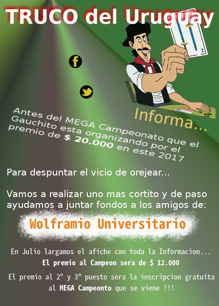 trucodeluruguay's tweet photo. Avisale a tu compañero que se reserve el Viernes 11 de Agosto !!
La proxima semana sale el afiche del Campeonato a Beneficio de @Wolframio_U https://t.co/zX9q3HvgHU
