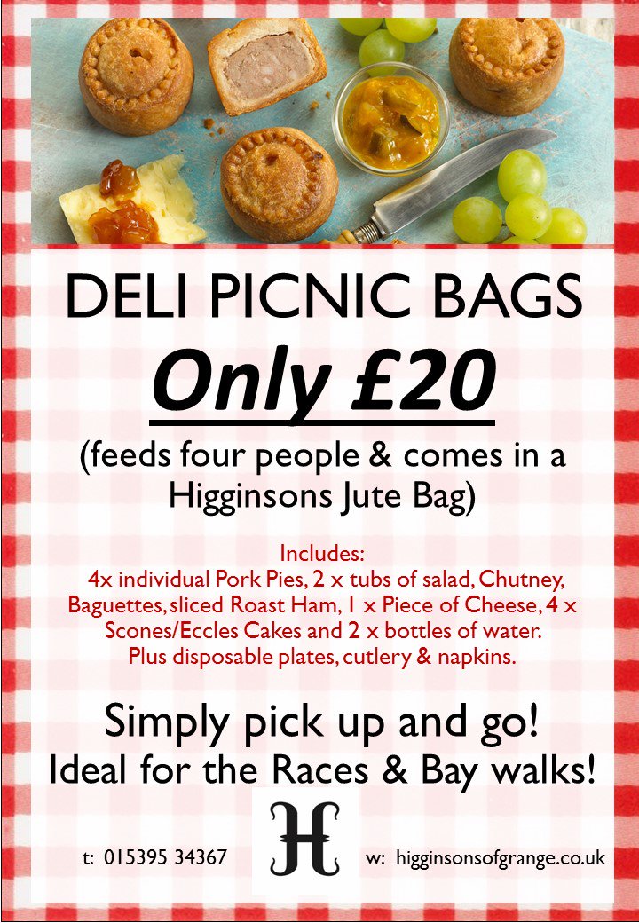 HigginsonsLtd's tweet photo. Don't forget your #Picnic @Cartmelrace this Friday! Only £20,feeds four people. Call 015395 34367 to order! https://t.co/yfrzLspFlA