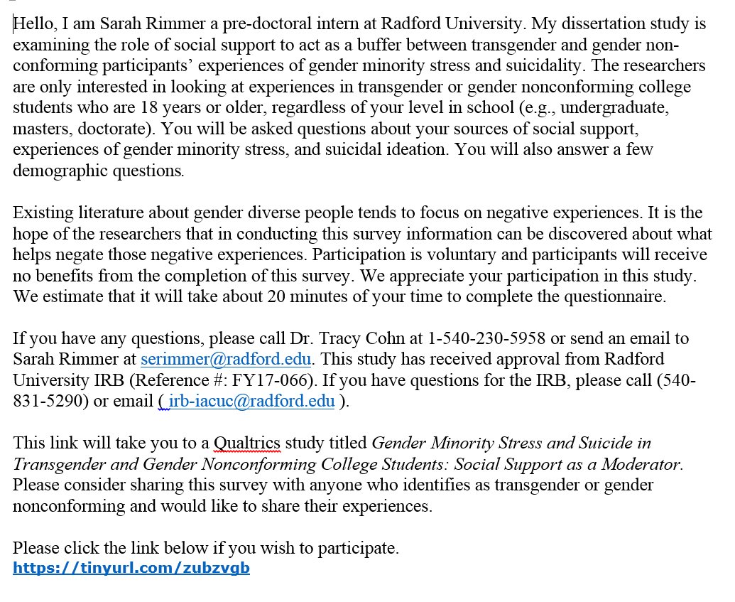 sarelirim's tweet photo. Below is a link to a study looking at experiences of trans folks. Please participate and pass along to others! https://t.co/PdaupZ4riQ https://t.co/f5dyzpWqa1