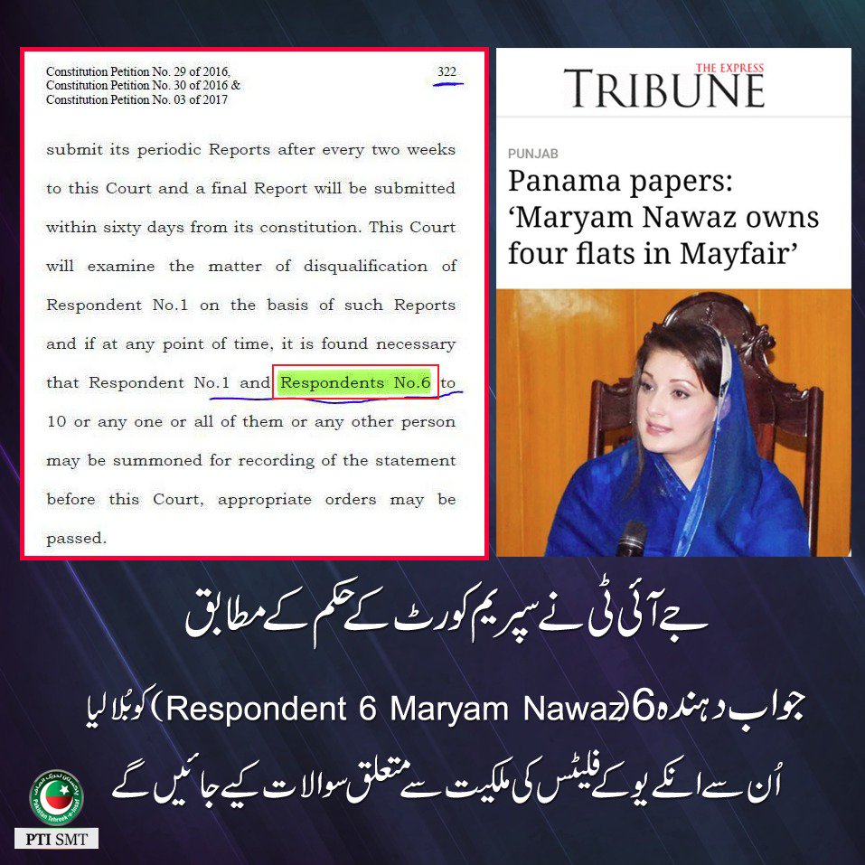 PTIofficial's tweet photo. While darbaris claimed that @MaryamNSharif was given a clean chit by SC,she has been summoned by JIT as Respondent No 6 #پانامہ_رانی_حاضر_ہو https://t.co/48205Hl2NK