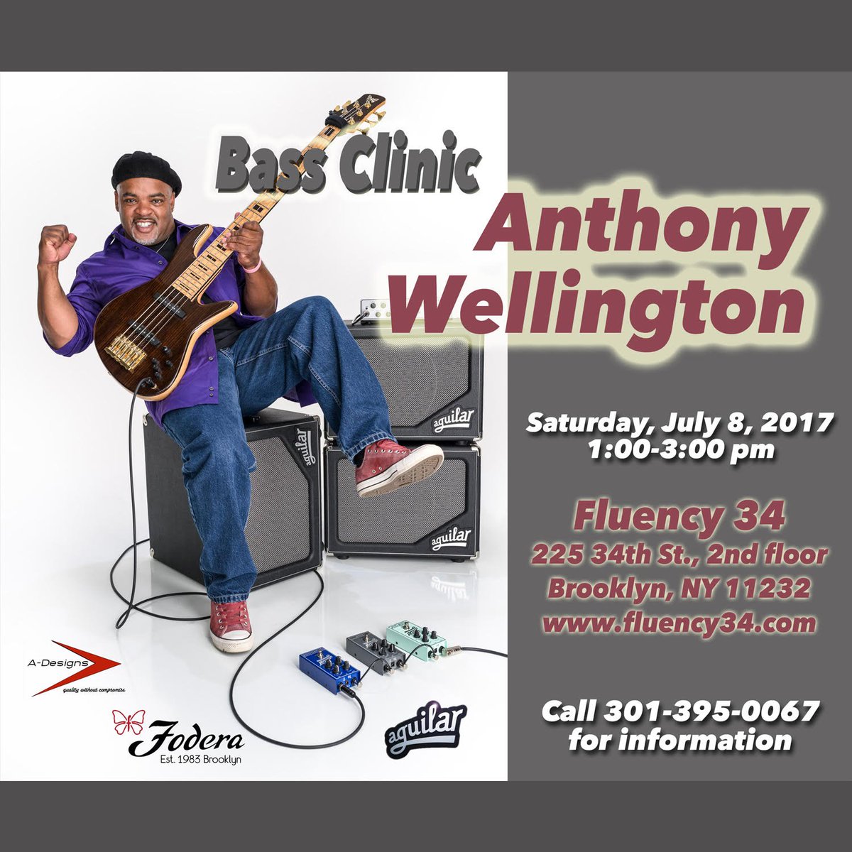 aguilaramp's tweet photo. NYC! @Antwellington clinic at @FLUENCY34 on July 8th! Win #Aguilar's #Chorusaurus pedal! Details on flyer. https://t.co/EcNhTSHG4z