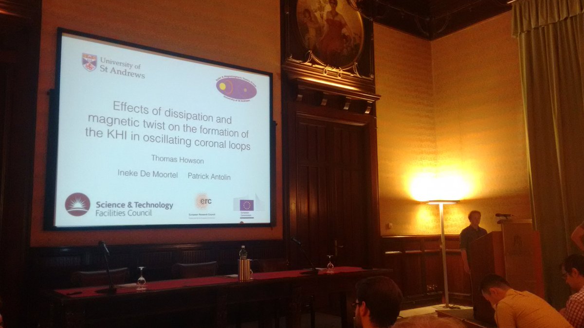 SMTG_StAndrews's tweet image. Tom Howson starts the series of @SMTG_StAndrews talks at #loop8 with the role of dissipation and twist in KHI developing in coronal loops.
