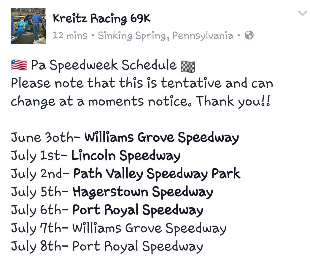 🇱🇷 Pa Speedweek Schedule 🏁
Please note that this is tentative and can change at a moments notice. Thank you!!