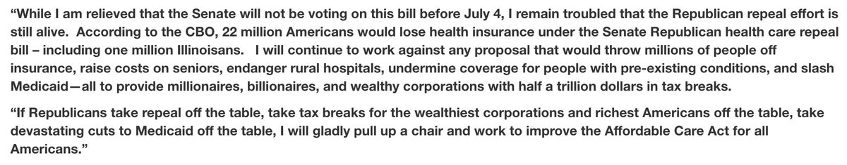 SenatorDurbin's tweet photo. Relieved to see @SenateGOP is delaying vote to throw millions off their health care. But it’s not over yet. My statement → https://t.co/DDMx3Ld5ct