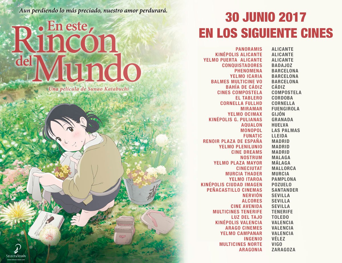 Cines para En este rincón del mundo (Kono Sekai no katasumi ni) el 30 de junio