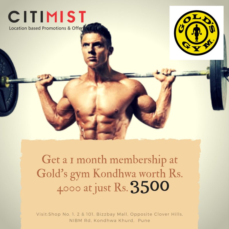 Citimist's tweet photo. Gold's Gym
Get a 1 month membership at Gold's gym Kondhwa worth Rs. 4000 at just Rs. 3500 on CitiMist app.
https://t.co/lSFCTYEkYe https://t.co/gV5KbcNrT5