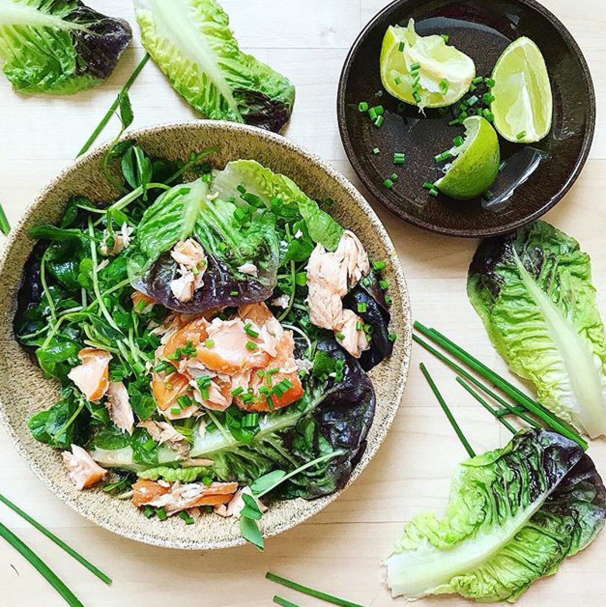 denbypottery's tweet image. A hot smoked salmon and honey and lime salad by @wholefwarrior using our new #StudioCraft collection, available soon! #summersalad #rustic