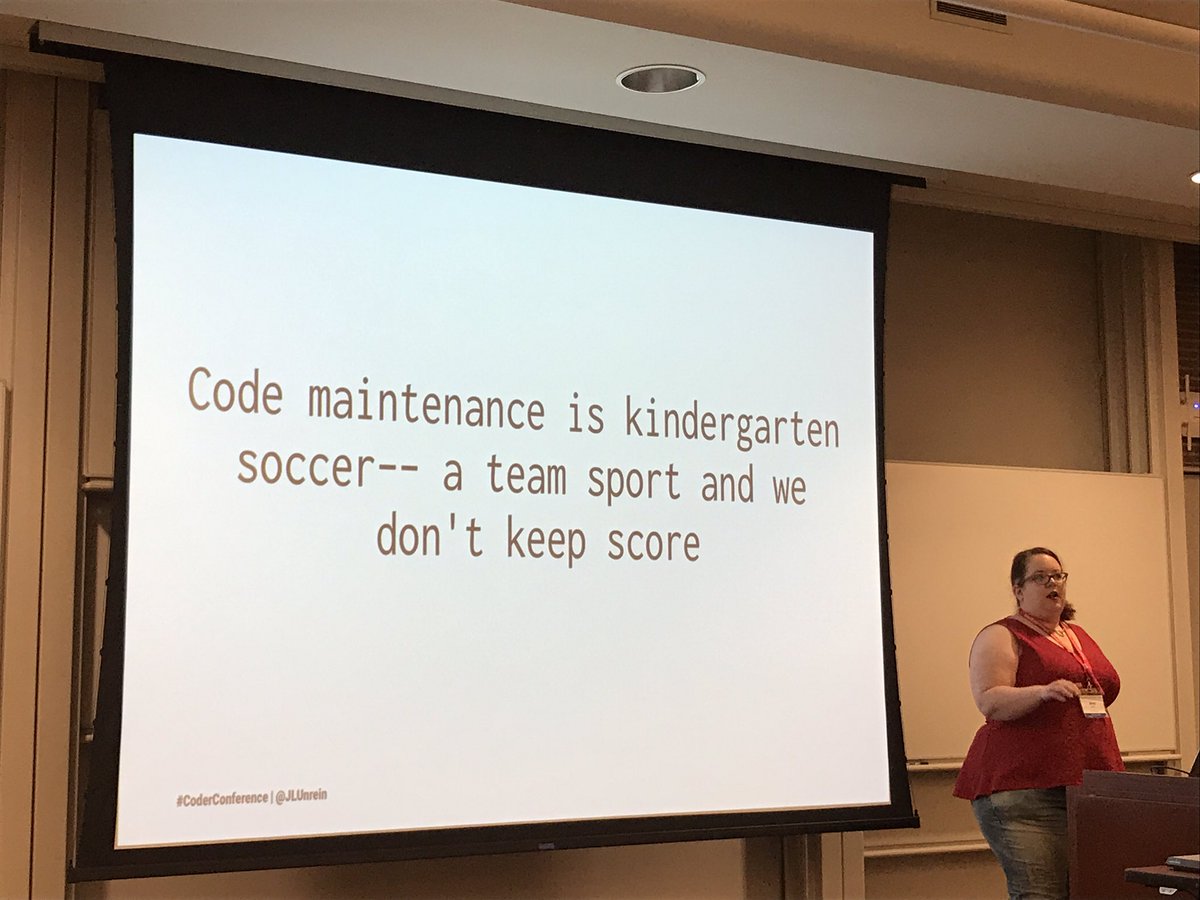 loooorenanicole's tweet image. Code maintenance is kindergarten soccer -- build up your engineers not tear them down @JLUnrein #CoderConference 👏🏼👏🏼👏🏼
