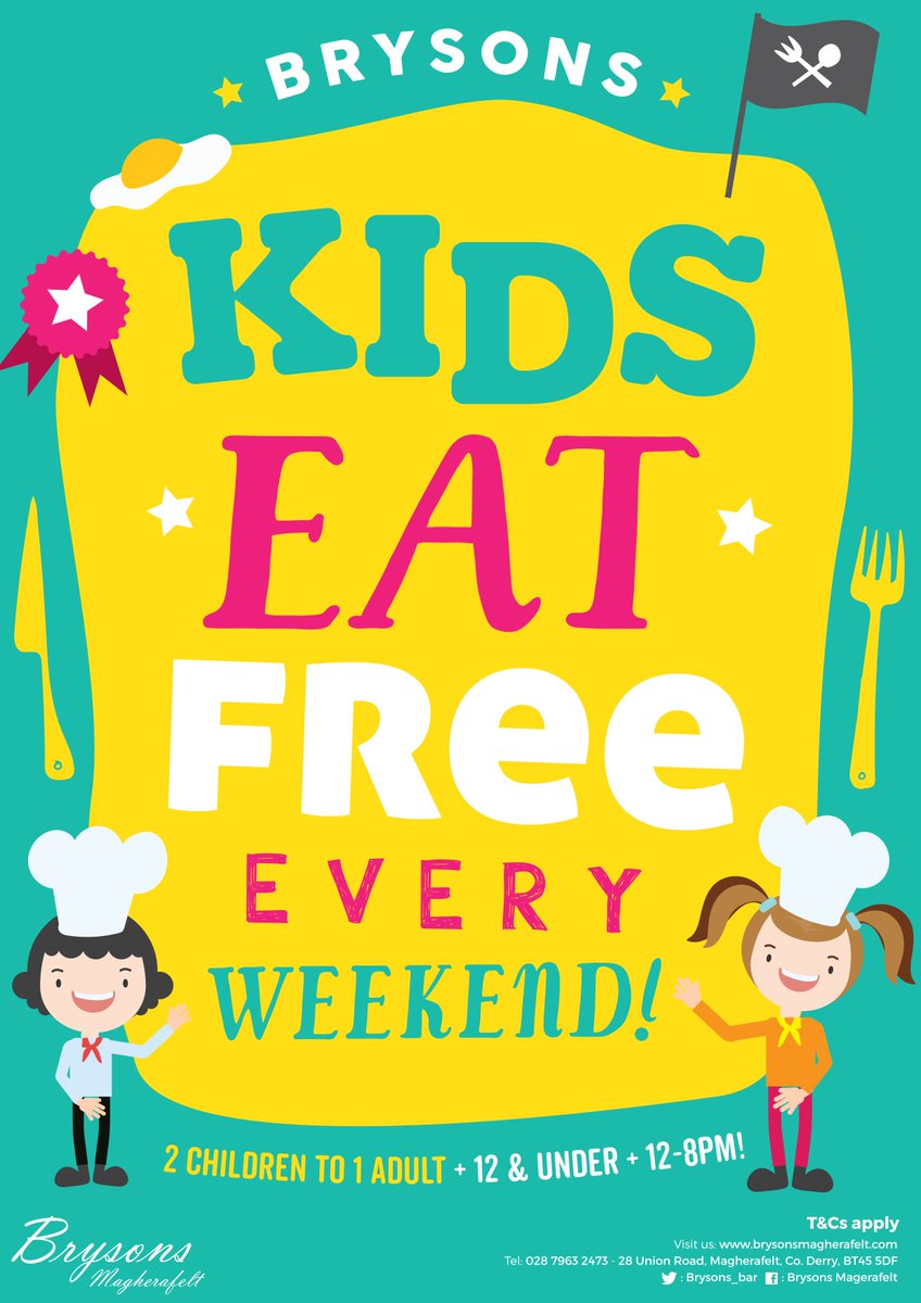 Brysons_bar's tweet photo. Get booked in NOW > KIDS EAT FREE EVERY WEEKEND - T&amp;Cs apply - 12 &amp; under - 2 kids to 1 adult > 02879632473 #BrysonsMagherafelt https://t.co/9fflHlT6X2
