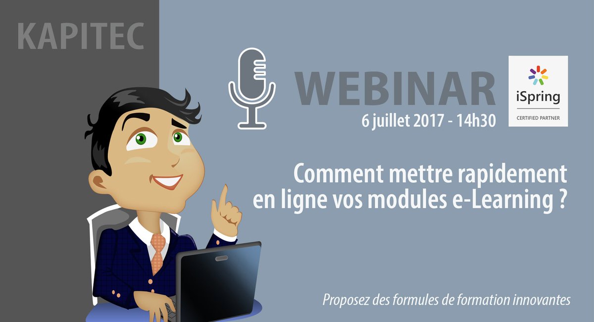 ispring_fr's tweet photo. Webinar gratuit Mettre rapidement en ligne ses modules #elearning
 #LMS #iSpringLearn
6 juillet à 14h30
Inscription https://t.co/OEANy8O0tH https://t.co/xfZisLp19l