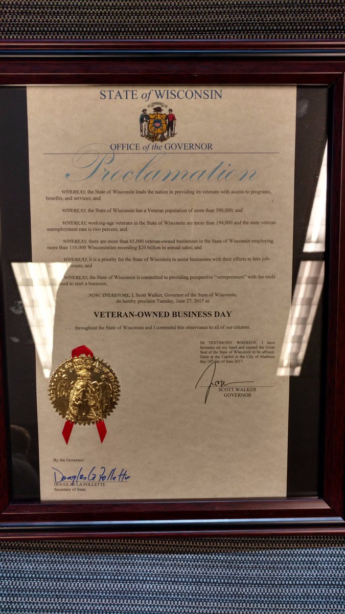 AberdeanTeam's tweet photo. Jim being presented with an award by DWD Sec Ray Allen on WI Veteran Owned Business Day! #WIVETBIZ @WisVets @BunkerLabWI @MadisonBiz https://t.co/bNA3fcZHTy