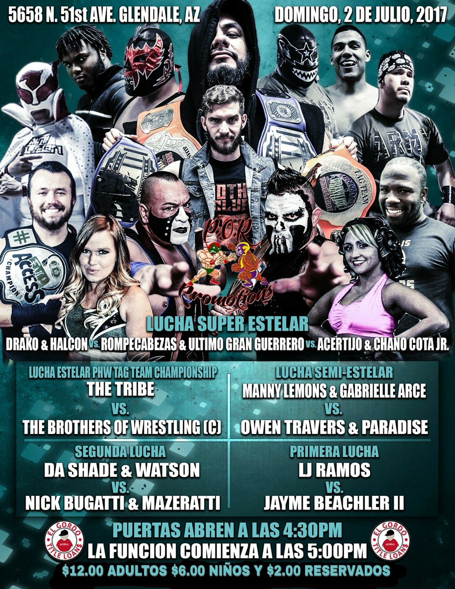 WrestlingTribe's tweet photo. This Sunday 7/2 we challenge #TheBrothersOfWrestling for the @PartyHardAZ Tag Team Titles in Glendale, AZ for @PorPromotions https://t.co/4sWOahs6Fz