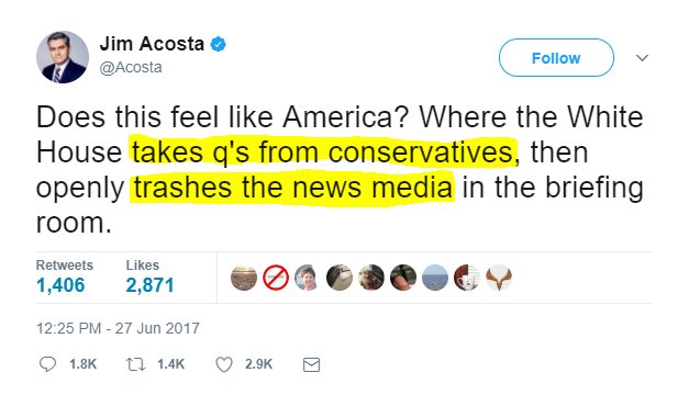 Boca Vista (@bocavista2016) on Twitter photo JIM ACOSTA
Just admitted
πΒ "The media" are LIBERAL hacks
<a href="/realDonaldTrump/">Donald J. Trump</a> #Trump #MAGA
#AmericanPravda #ProjectVeritas #Hannity #CNN JIM ACOSTA
Just admitted
πΒ "The media" are LIBERAL hacks
<a href="/realDonaldTrump/">Donald J. Trump</a> #Trump #MAGA
#AmericanPravda #ProjectVeritas #Hannity #CNN