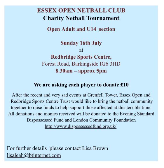 Charity tournament on 16th July to raise funds for those affected by Grenfell Tower disaster...please join us