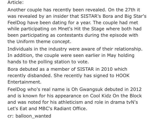 #Translation: Bora and Big Star's FeelDog revealed to be in a relationship for 1 year
Congrats to the couple!
 m.entertain.naver.com/read?oid=241&a…