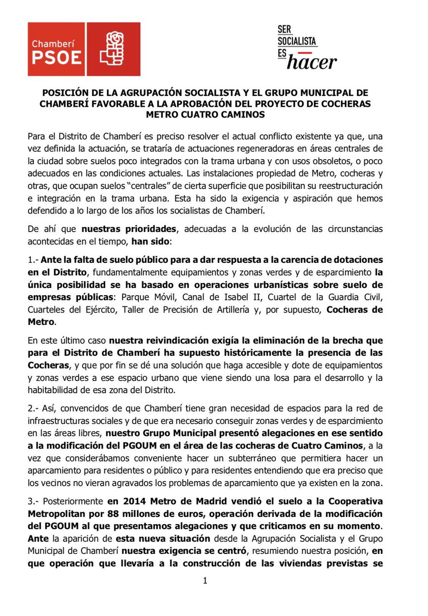 psoechamberi's tweet photo. Posición de @psoechamberi y el Grupo Municipal de #Chamberí favorable a la aprobación del proyecto de Cocheras Cuatro Caminos https://t.co/ceHLKIgEqR