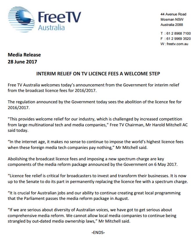 FreeTVAustralia's tweet photo. We welcome today’s news of interim relief from the highest TV licence fees in the world. Now time to back the whole package #supportausmedia https://t.co/8rU2QPfAqc