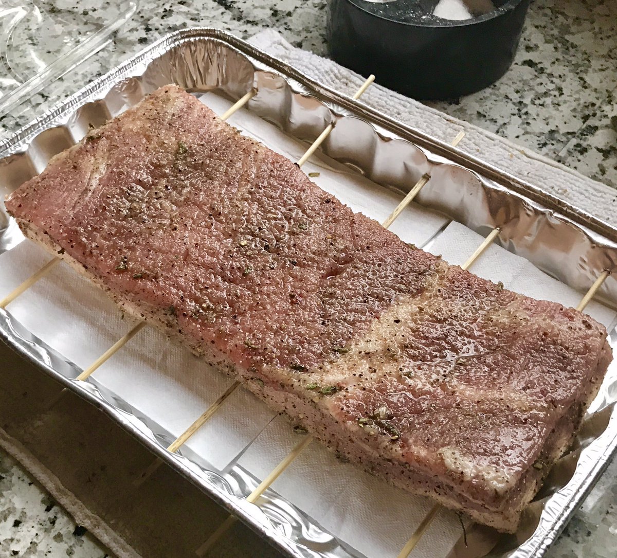 Making the bacon! Should be cured in about 14 days! This one has a Mediterranean style cure mix!