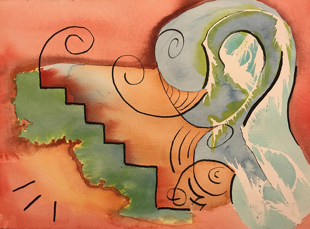 Bruddajack's tweet photo. Abstract with Curlicues 062717 #watercolor #abstractart #parallelplanes #planar #painting https://t.co/HJO9DMe6CR https://t.co/2JQ3GSVz9z