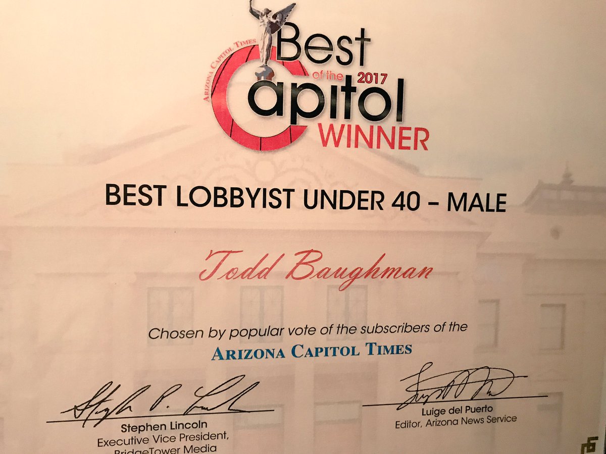 PDGI_AZ's tweet photo. Congrats to PDG's @ToddBaughman for his Best Male Lobbyist under 40 #BOTC2017 win! https://t.co/qa6h0UxY9q