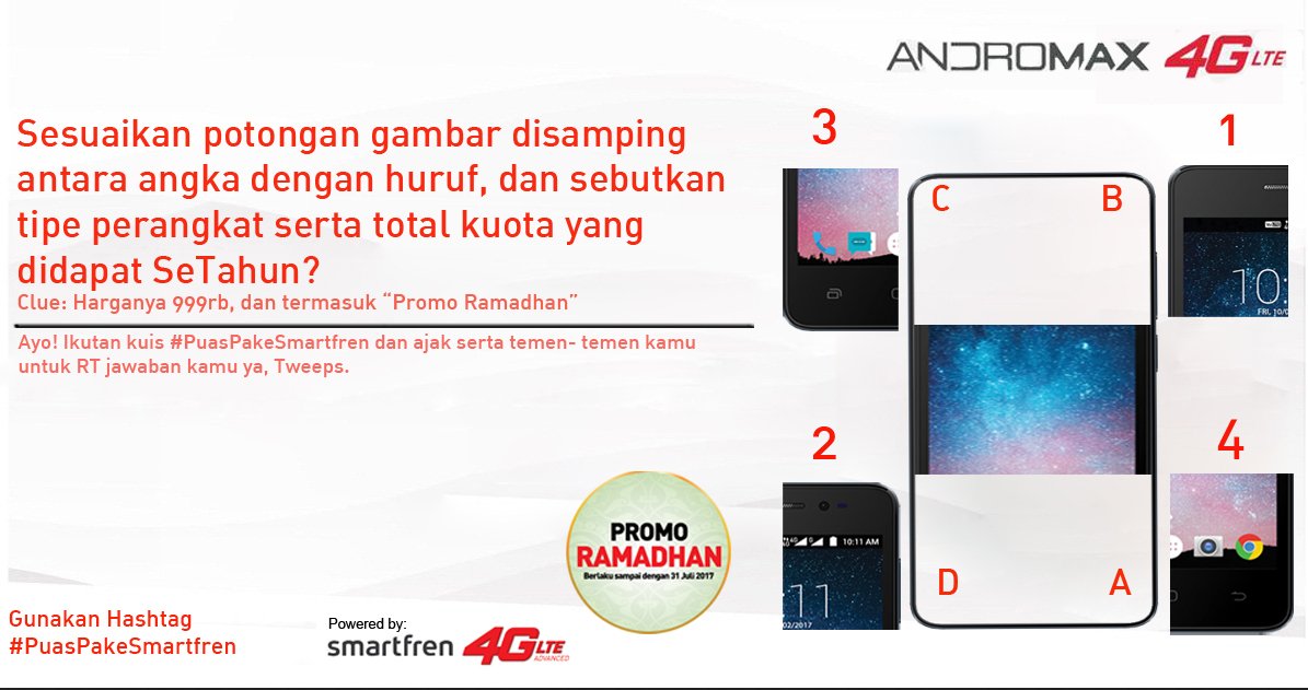 Nurdin_nurizky's tweet photo. @smartfrencare @wildhafidz2 1. C
2. B
3. D
4. A : Andromak B Total kuota 30 GB Setahun #PuasPakeSmartfren #4GinAja #4Gterbaik @Nanun2017 @Nurdin_nurizky @wildhafidz2 https://t.co/6RiLEs2bPb