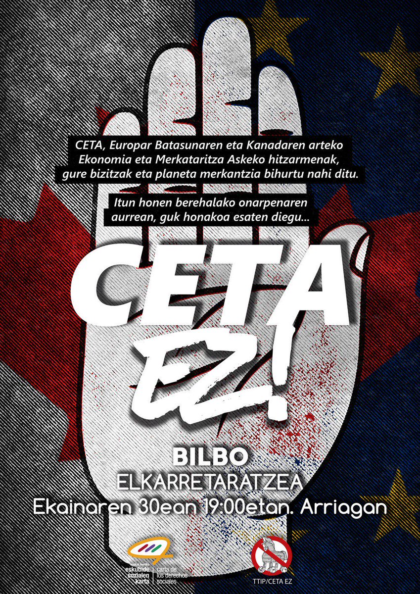manisparatodos's tweet photo. BILBAO, Viernes 30/6, Concentración contra el tratado CETA. 19:00h, Plaza Arriaga. #CETAEz #TTIPCETA #StopCETA #30J #Bilbao https://t.co/nFfFDLDL8Q