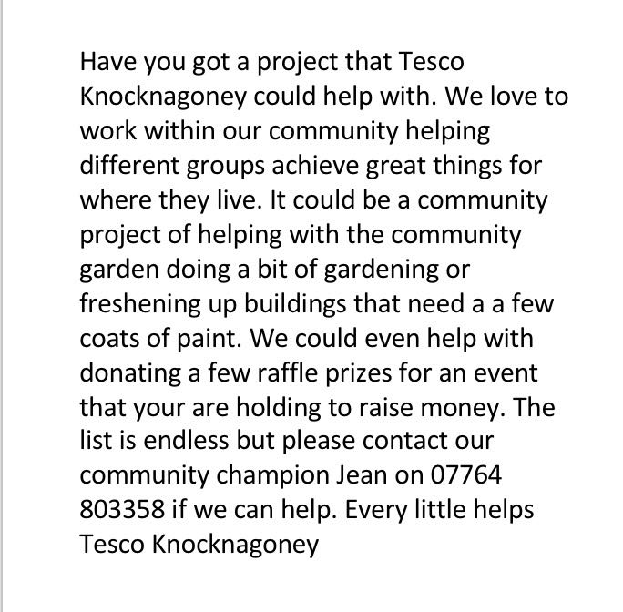 Tesco_Knock2797's tweet image. @Tesco_Knock2797  are always looking for ways that we can help in our local community. Why not get in touch #supportllocal @Tesco_NIreland