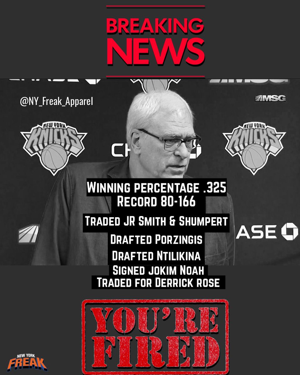 NYFreakApparel's tweet photo. Breaking News. The Knicks expected to part ways with Phil Jackson after 3 seasons. #knicks #GoodbyePhil https://t.co/5Bcw1zsObb