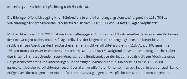 #VDS Bis auf Weiteres keine Anordnungen u. sonstige
Maßnahmen zur Durchsetzung d. Speicherverpflichtung d. §113TKG bundesnetzagentur.de/VDS