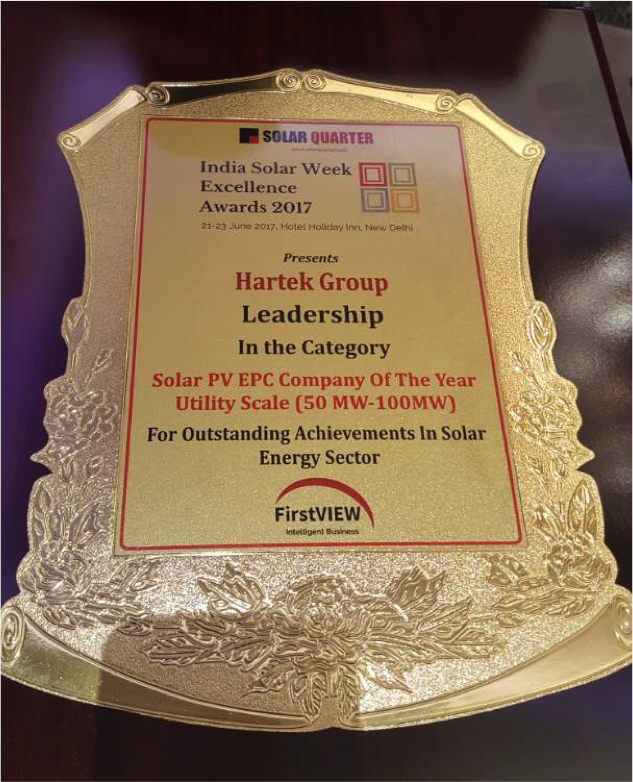 hartekgroup's tweet photo. Proud recipient of Solar PV EPC Company of the Year Utility Scale (50-100 MW) award at #IndiaSolarWeek. Thank you @SolarQuarter #HARTEK https://t.co/26nqJHPxOe