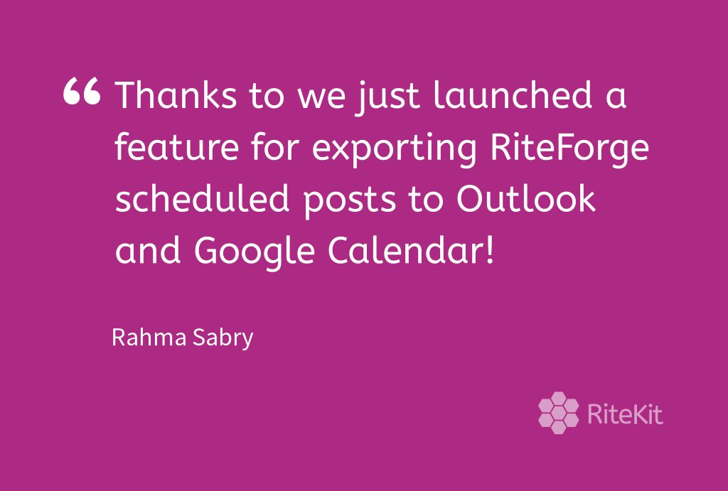 RiteBoost's tweet photo. Thanks to @RahmaSabry94 we just launched a feature for exporting #RiteForge ๐ฅ scheduled posts to Outlook and Google Calendar! https://t.co/yJMocQYmap