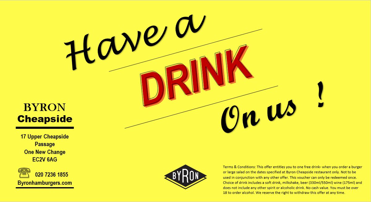 ByronCheapside's tweet image. Enjoy a free drink on us when you purchase a hamburger or large salad quoting #thebig10 valid 1st July till 31th July Byron Cheapside only