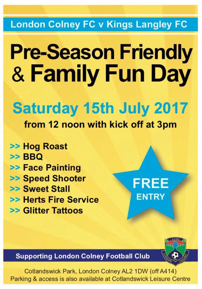 Come and down and enjoy the fun. Everyone welcome **free entry** <a href="/KLFCofficial/">Kings Langley FC</a> <a href="/LondonColneyPC/">LondonColneyPC</a> <a href="/HertsAdSport/">Herts Ad Sport</a>