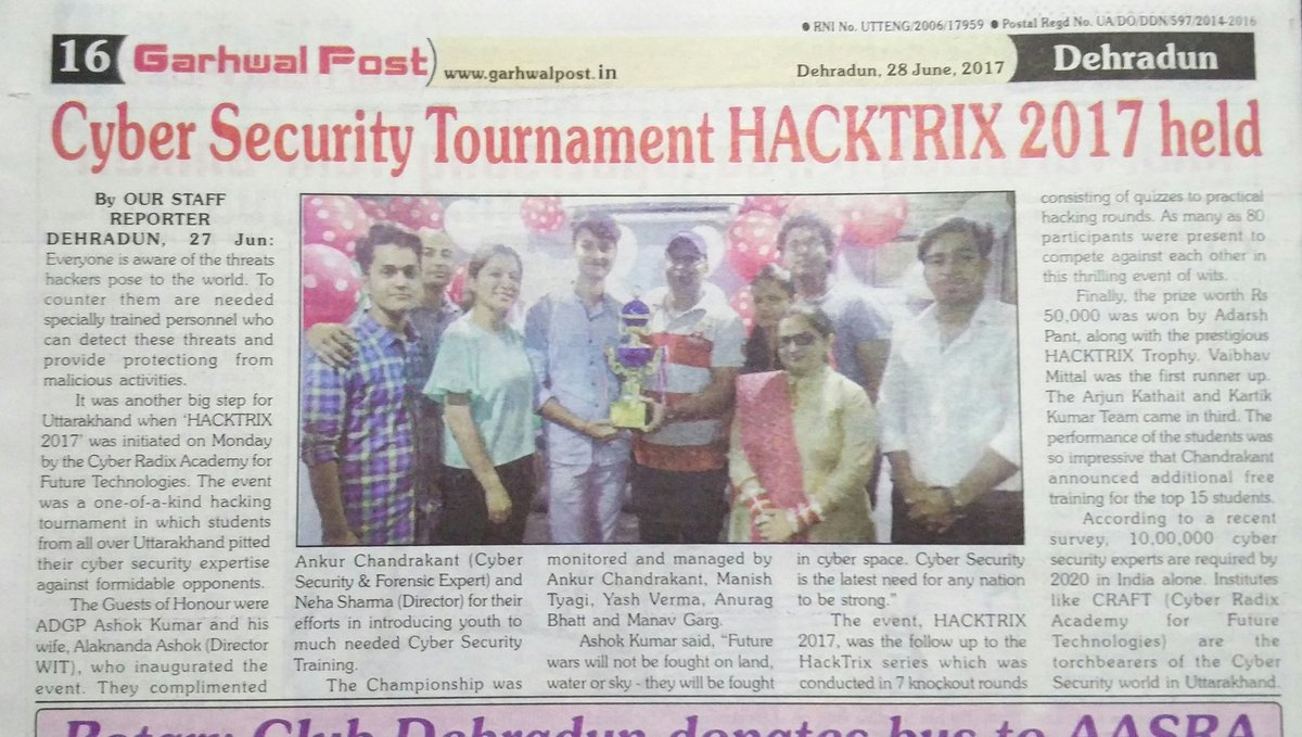 RealCyberGuru's tweet photo. Thank you @GarhwalPost1. Wonderful coverage. Nice choice of words. #Professional
@CyberRadix #HackTrix2k17 #HackathonUK #CyberSecureINDIA 🇮🇳 https://t.co/EK8g7G2xsv