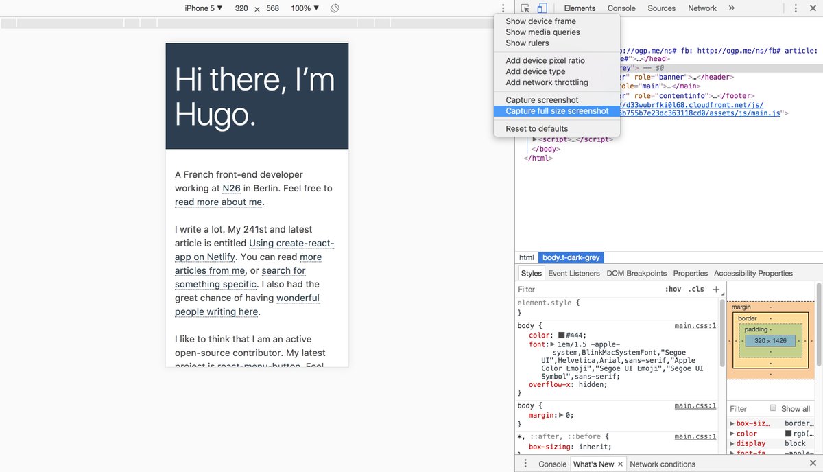 KittyGiraudel's tweet photo. Chrome 59 now makes it possible to take full-page screenshots from the DevTools! ✨ https://t.co/3opvcDSX8S