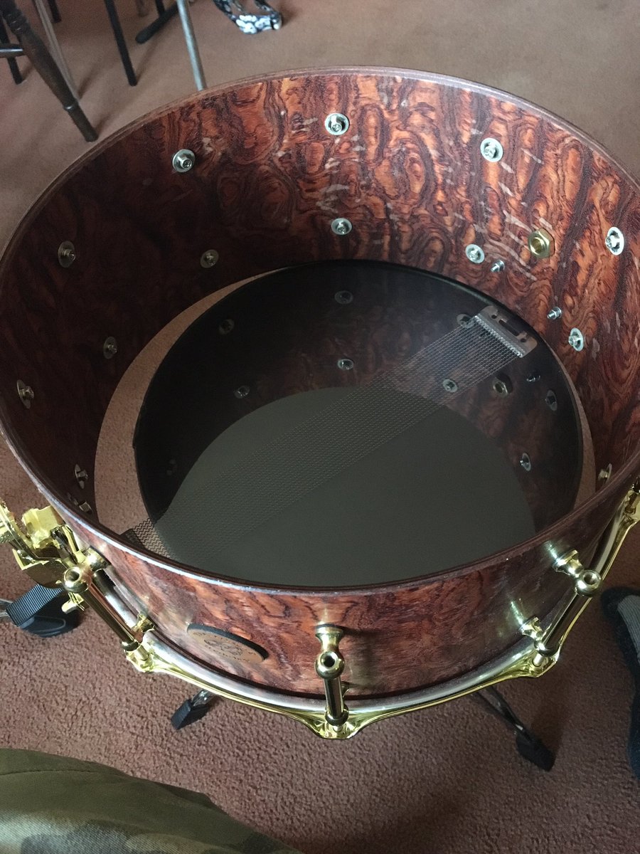 mistermustard's tweet photo. Givin my 9mth old @TikiDrums bubinga snare 1st service, quik clean, nip up &amp; new @EvansDrumheads #calftone from @Soundattak 4 vintage feel 🎱 https://t.co/wZNsBc5nzB