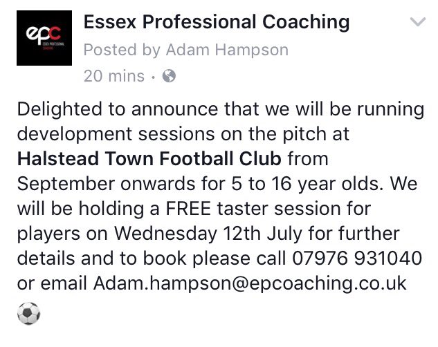 FREE ⚽️session in Halstead <a href="/HalsteadGazette/">Halstead Gazette</a> <a href="/HalsteadEssex/">Halstead Essex</a> <a href="/HalsteadTownFC/">Halstead Town FC</a> <a href="/EssexCountyFA/">Essex County FA</a> <a href="/HTYFC_halstead/">Halstead Town Youth</a> <a href="/Halstead21C/">Halstead 21st Century Group 🍃💚🍃</a> <a href="/HTPSHalstead/">Holy Trinity Primary School Halstead</a>